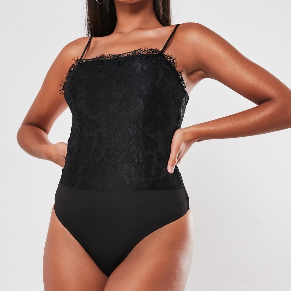 Missguided Black Straight Neck Lace Bodysuit